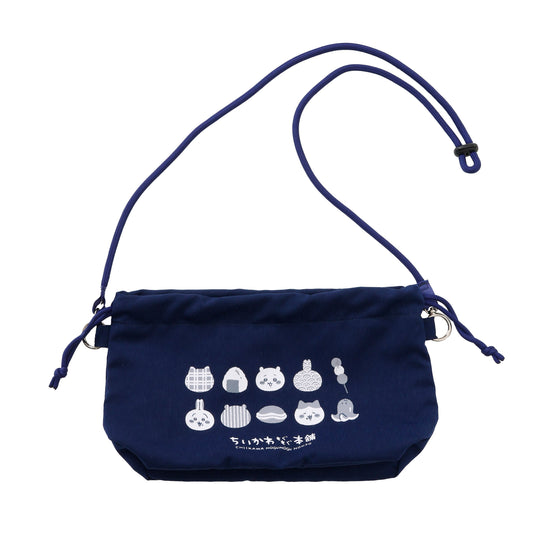 ちいかわもぐもぐ本舗 巾着ショルダーバッグ 和柄文様インディゴONE 正面